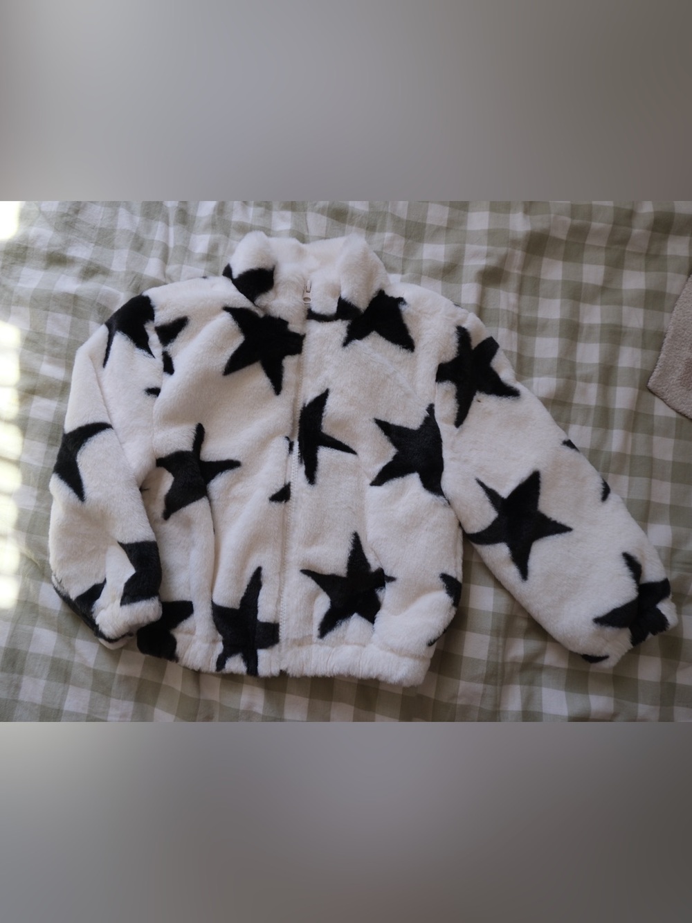 Old Navy White Faux Fur Jacket with Black Star Pattern